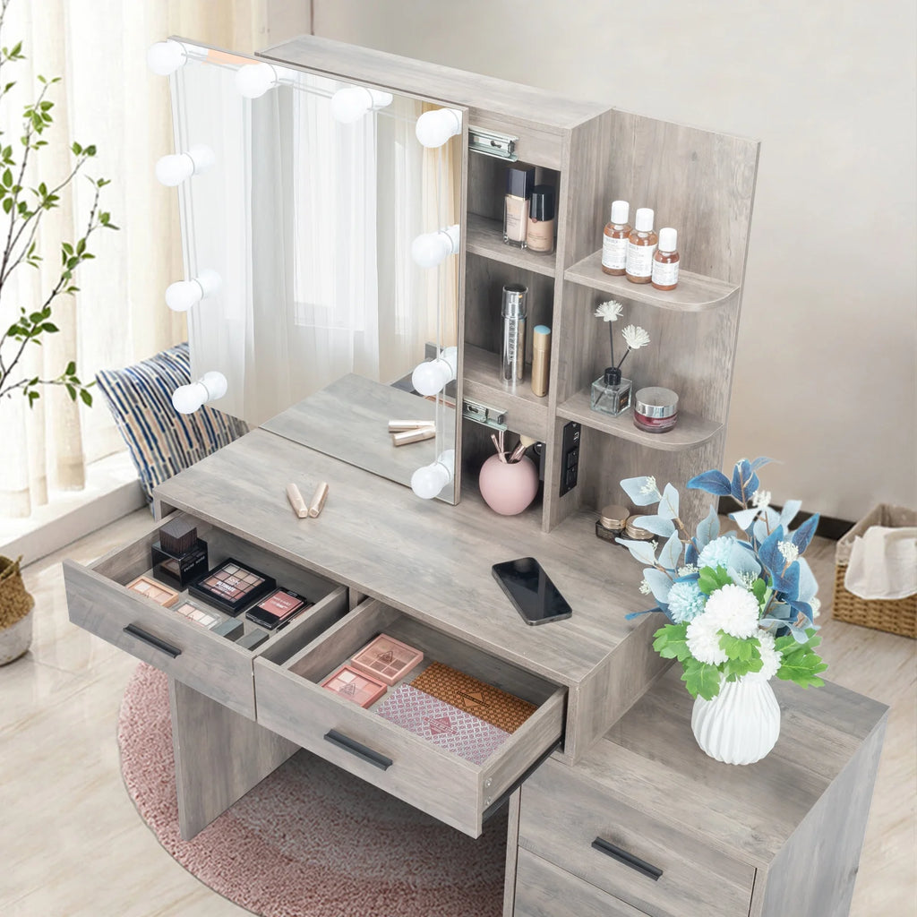 Coiffeuse Ktaxon avec miroir éclairé à 3 couleurs & station de charge, table de maquillage avec 3 étagères de rangement & tiroirs, bureau de toilette avec tabouret, gris rétro