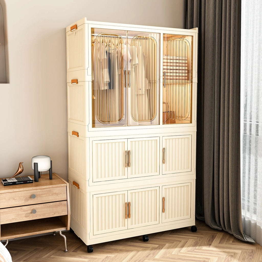 Penderie portable pour enfants Montary avec portes magnétiques et tringle – Meuble de rangement en plastique à 4 casiers pour chambre d'enfant