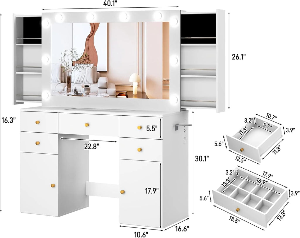 Coiffeuse blanche avec grand miroir lumineux et prise électrique, table de maquillage avec plateau en verre et tiroirs, rangement coulissant, grande coiffeuse de maquillage de 44,1 pour femmes et filles, blanche