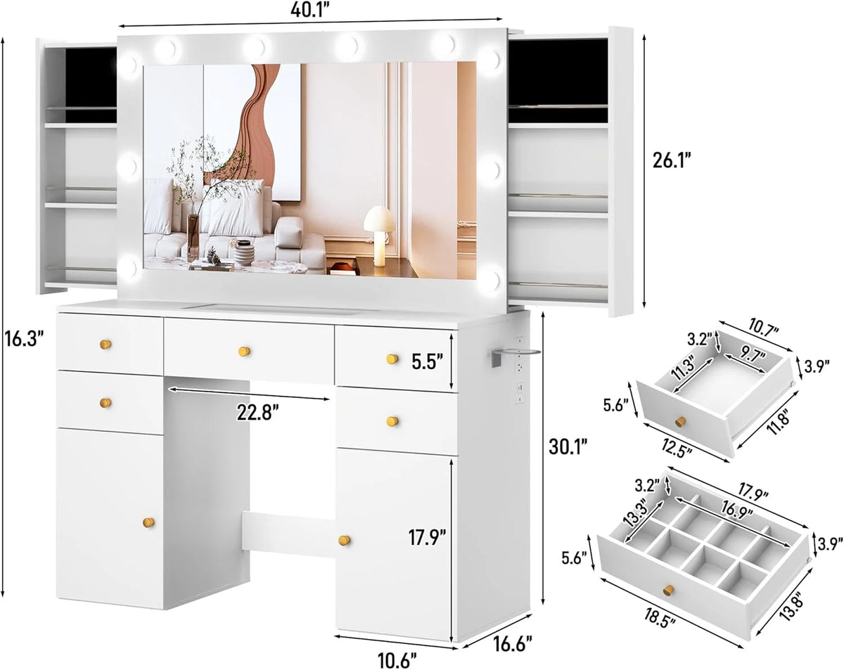 Coiffeuse blanche avec grand miroir lumineux et prise électrique, table de maquillage avec plateau en verre et tiroirs, rangement coulissant, grande coiffeuse de maquillage de 44,1 pour femmes et filles, blanche