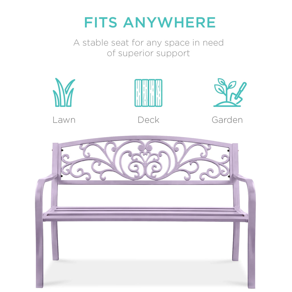 Best Choice Products Banc en Acier d'Extérieur Jardin Patio Porche Meuble avec Dossier à Motif Floral - Noir