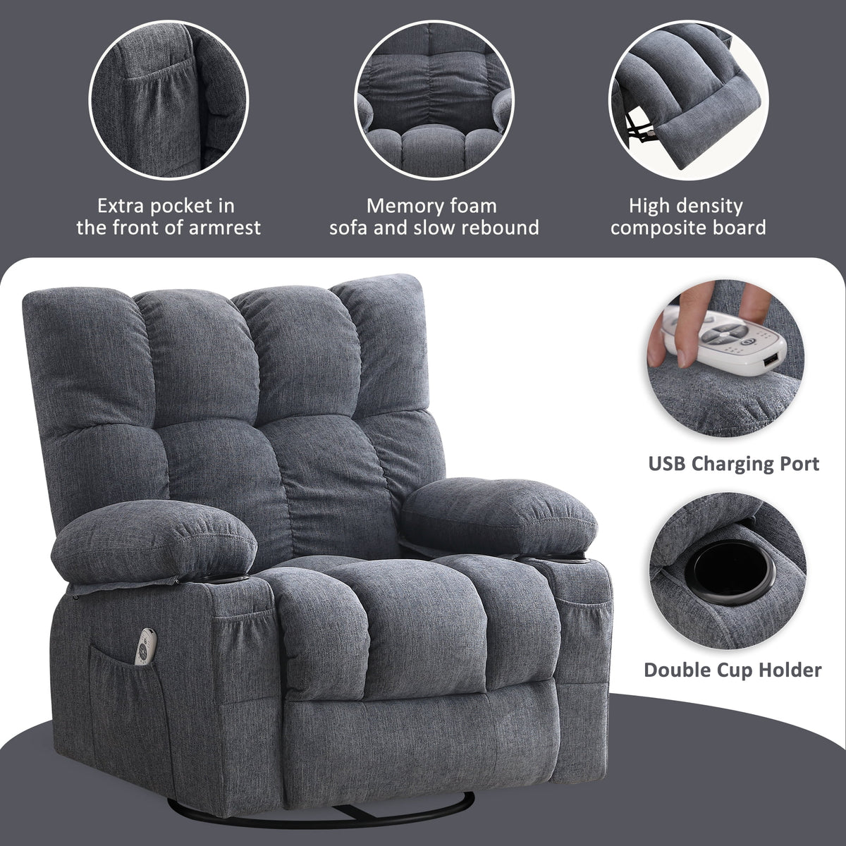 Fauteuil inclinable manuel JONPONY avec fonction de massage et de chauffage, mécanisme d’inclinaison robuste, fauteuil à bascule individuel pour personnes âgées avec porte-gobelets, pour chambre et salle de cinéma maison, gris