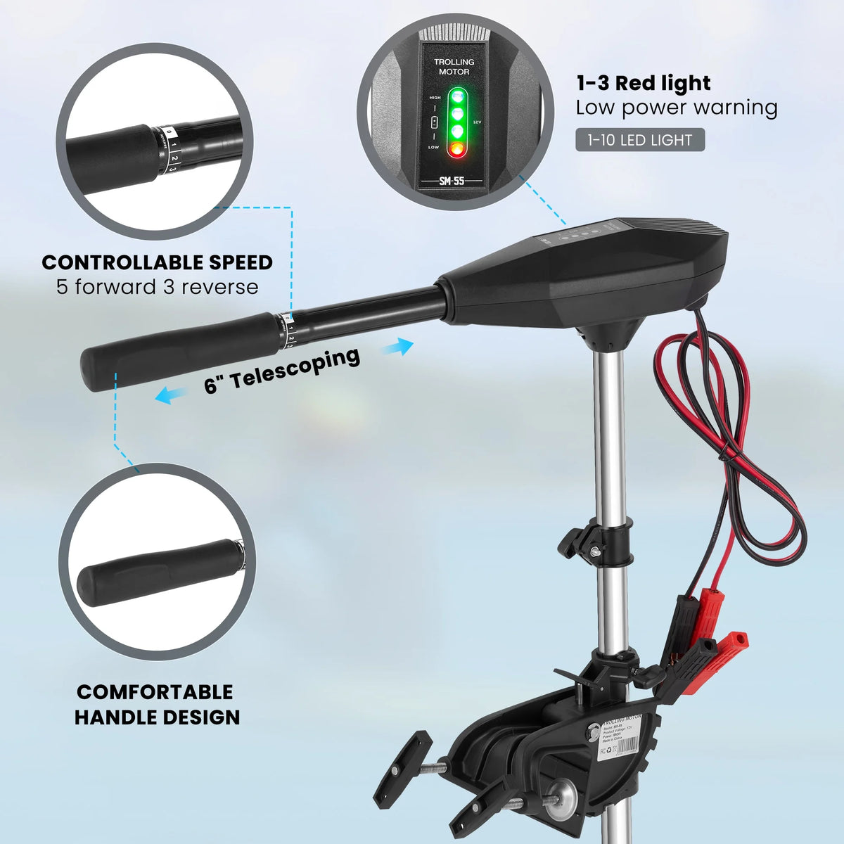 Moteur électrique de pêche à la traîne avec 55 Lbs de poussée 8 vitesses, Moteur de pêche pour bateau avec manche télescopique, Indicateur de batterie LED pour Kayak Pêche Bateau Utilisation en eau douce