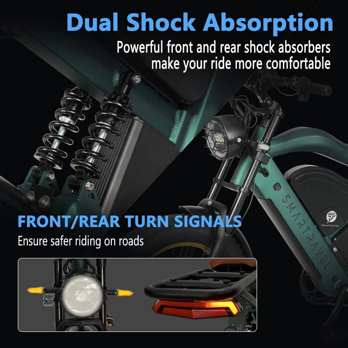 Moto tout-terrain électrique SMARTRAVEL ST202 pour adultes avec moteur de 3 000 W (crête), batterie double 52 V 50 Ah, autonomie de plus de 148 km, pneus de moto de 20 pouces, certification UL2849, suspension intégrale