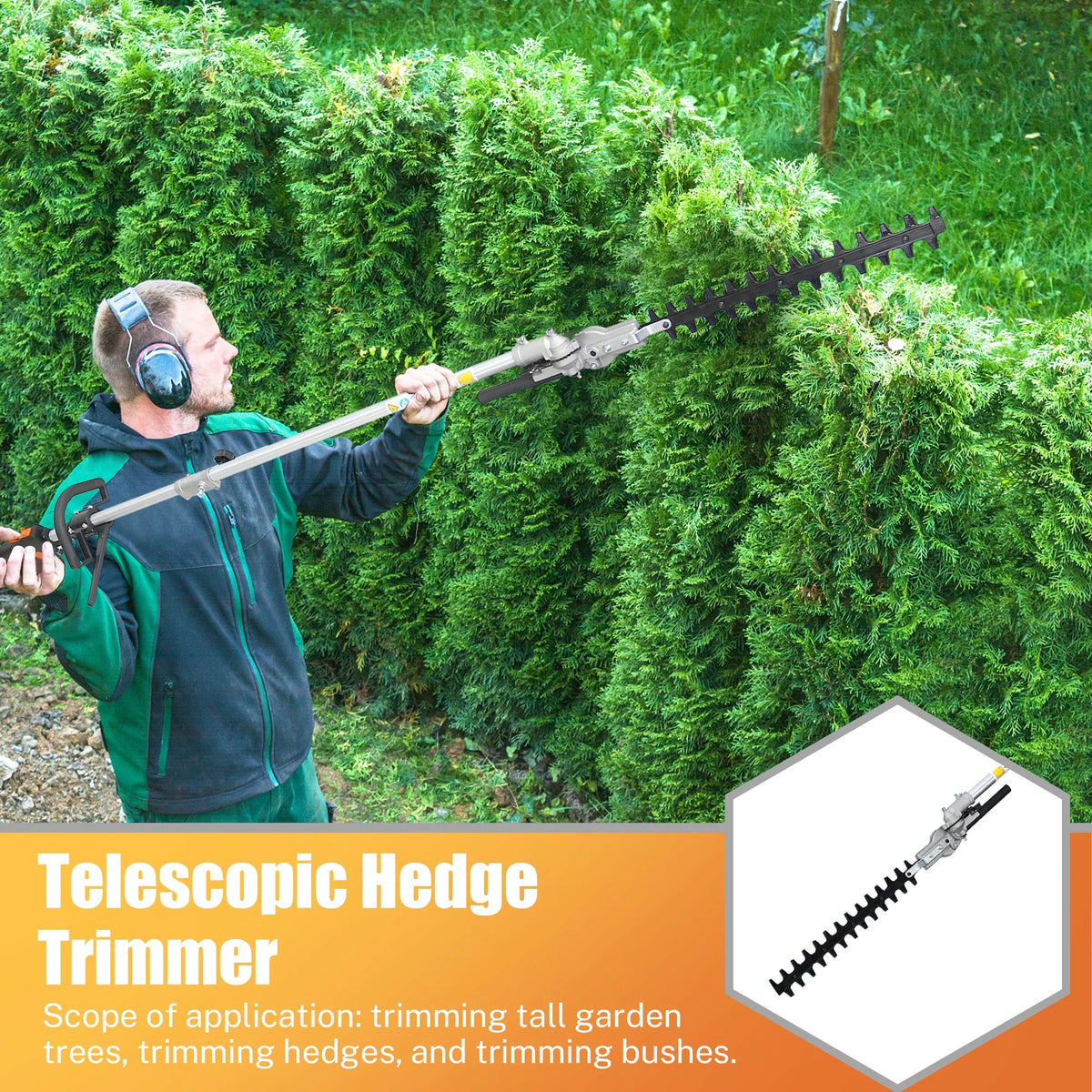 Coupe-bordures à essence 52 cm³, Sesslife 4-en-1 avec tronçonneuse télescopique, taille-haie, coupe-herbe, débroussailleuse, tondeuse à gazon 2 temps avec vilebrequin complet pour jardin, orange