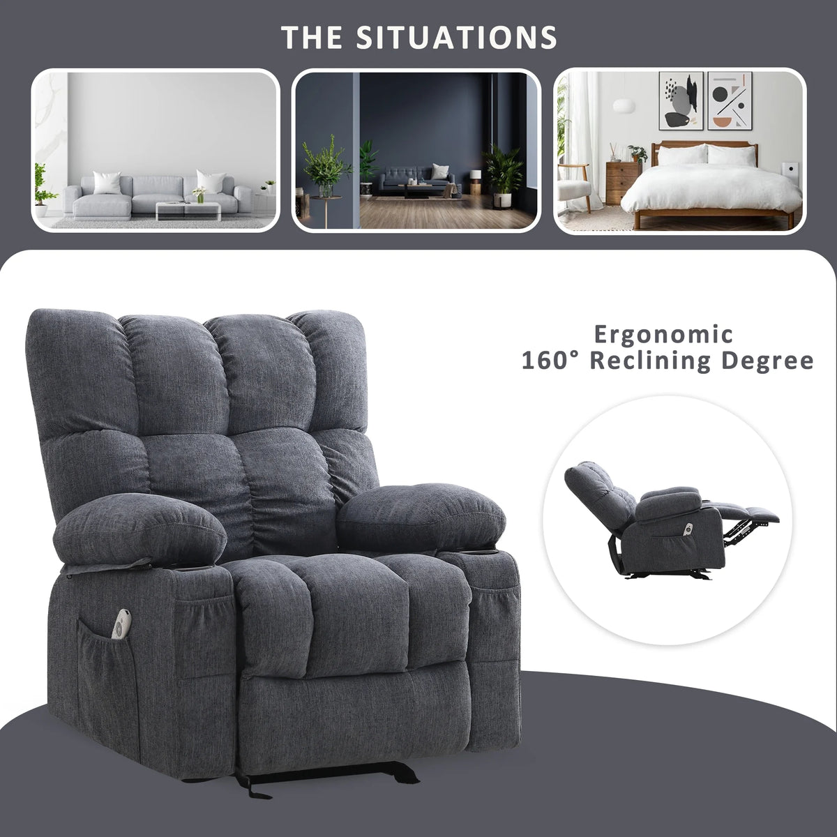Fauteuil inclinable manuel JONPONY avec fonction de massage et de chauffage, mécanisme d’inclinaison robuste, fauteuil à bascule individuel pour personnes âgées avec porte-gobelets, pour chambre et salle de cinéma maison, gris