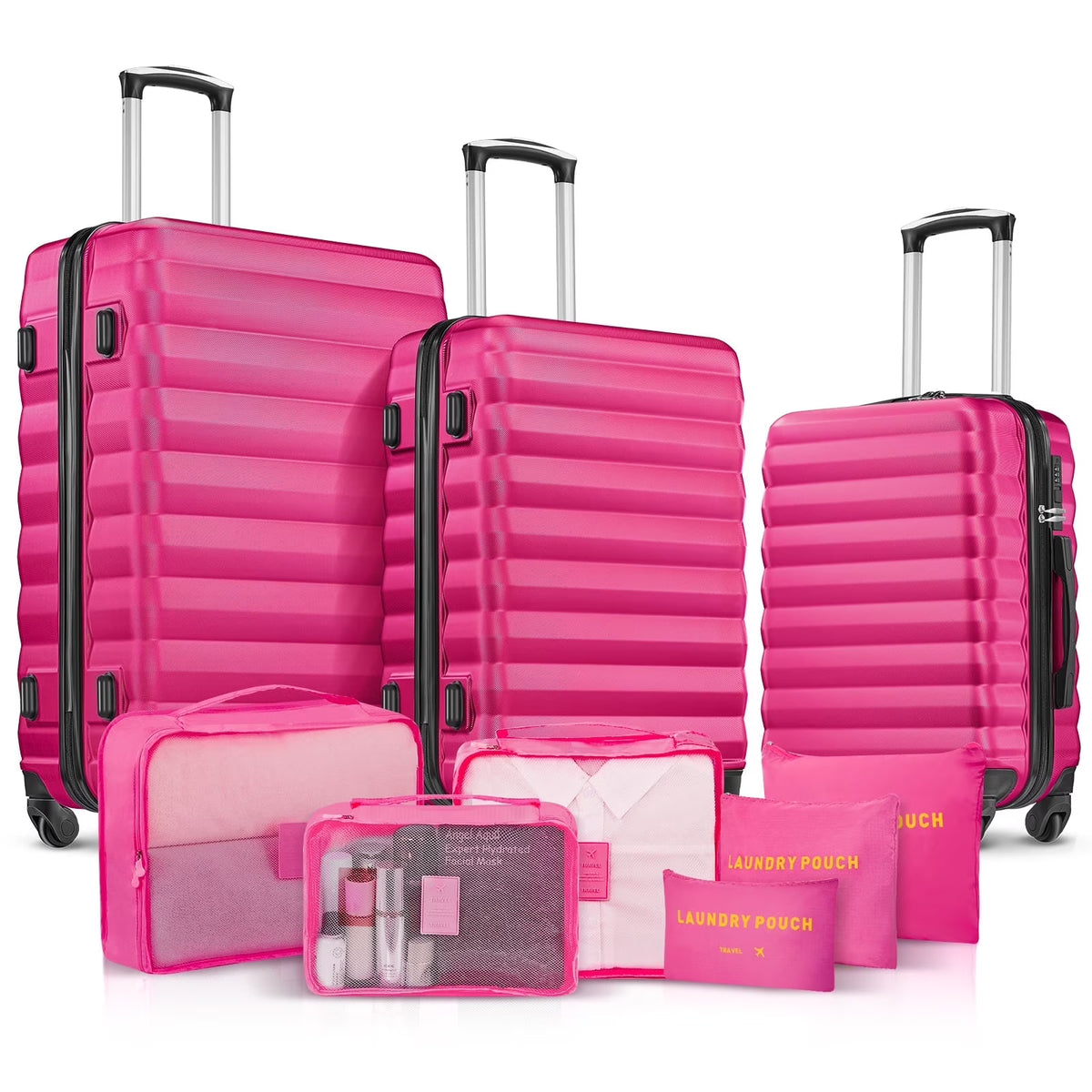 Ensemble de 9 pièces comprenant 3 valises rigides de 20, 24 et 28 pouces, 6 sacs de rangement et valises de voyage à roulettes, rose