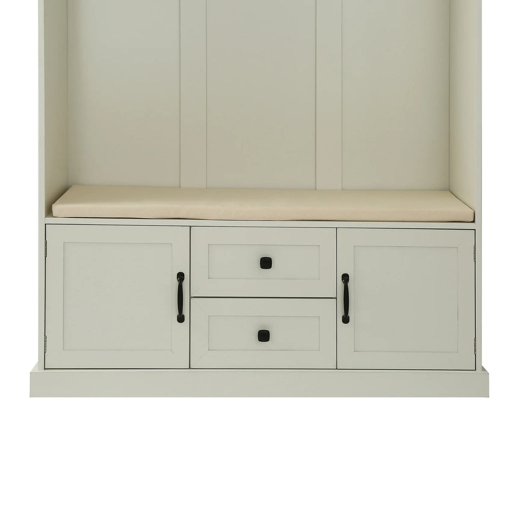 Vestiaire d’entrée avec banc rembourré et patères, banc d’entrée avec 3 crochets, 3 étagères ouvertes, 2 tiroirs et placards de rangement, banc de vestibule avec rangements et crochets pour entrée, vestibule ou couloir (beige)