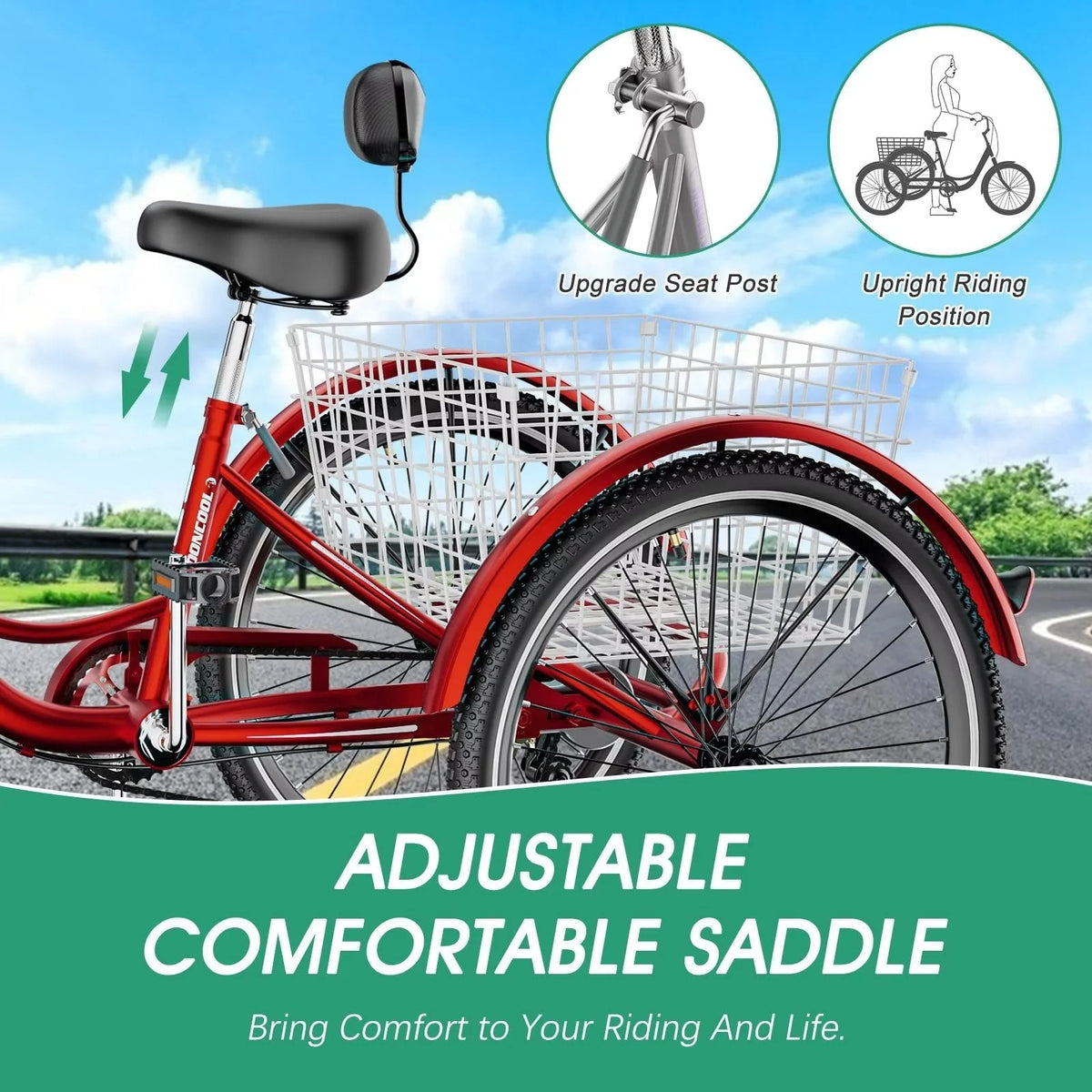 MOPHOTO 24 Tricycle pour adulte, Vélo à 3 roues 7 vitesses avec panier pour les courses, l'exercice, Tricycle avec selle réglable pour hommes, femmes et seniors