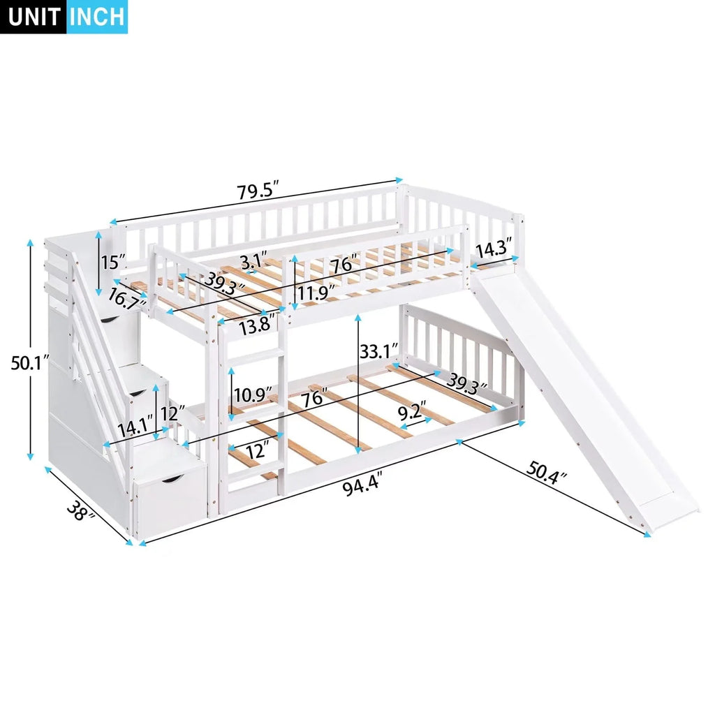 Lits superposés avec escalier, lits jumeaux, cadre de lit superposé en bois avec toboggan pour enfants et escalier de rangement, cadre de lit de rangement 2-en-1 avec échelle et barrières de sécurité pour chambre de garçons et de filles, blanc