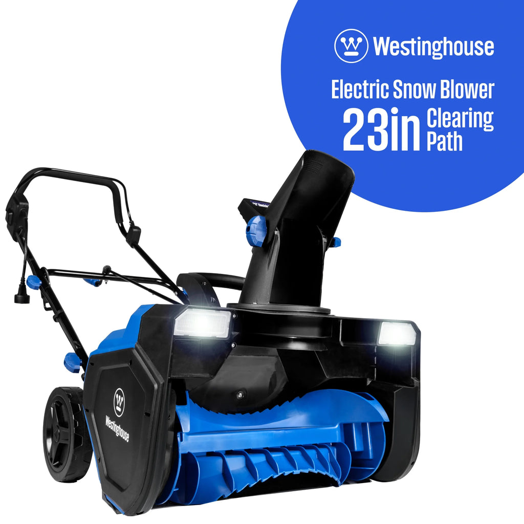 Boîte ouverte Souffleuse à neige filaire Westinghouse WSnow23 de 23 pouces, doubles phares à DEL, moteur électrique de 1 800 W, portée de projection de 25 pi, capacité de déneigement de 800 lb/min, goulotte réglable