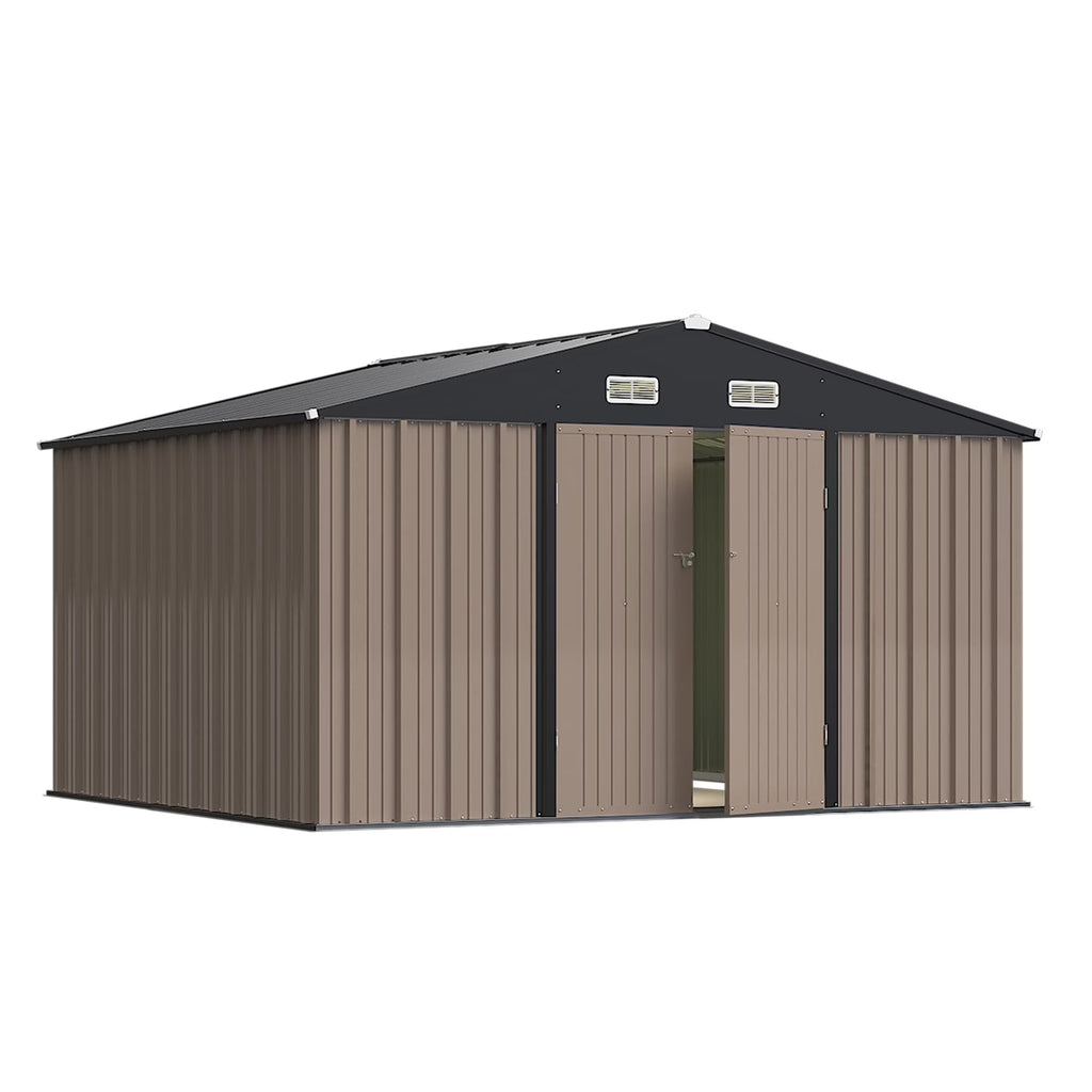 Abri de rangement en métal Devoko 10 x 8 pi, abri de jardin verrouillable en acier pour patio, cour arrière et outils de plein air, marron