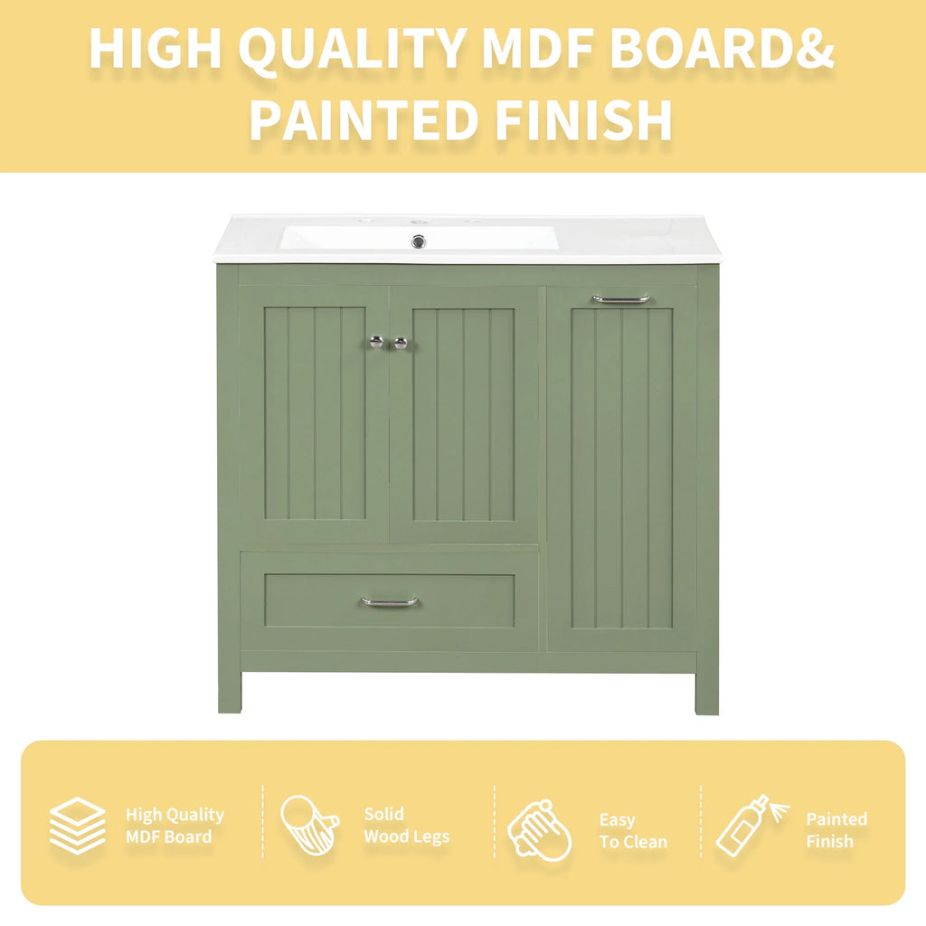 Meuble-lavabo de salle de bains Harper & Bright Designs 30 avec lavabo, armoire de salle de bains avec plateau en céramique, portes et tiroir de rangement multifonctionnels, vert