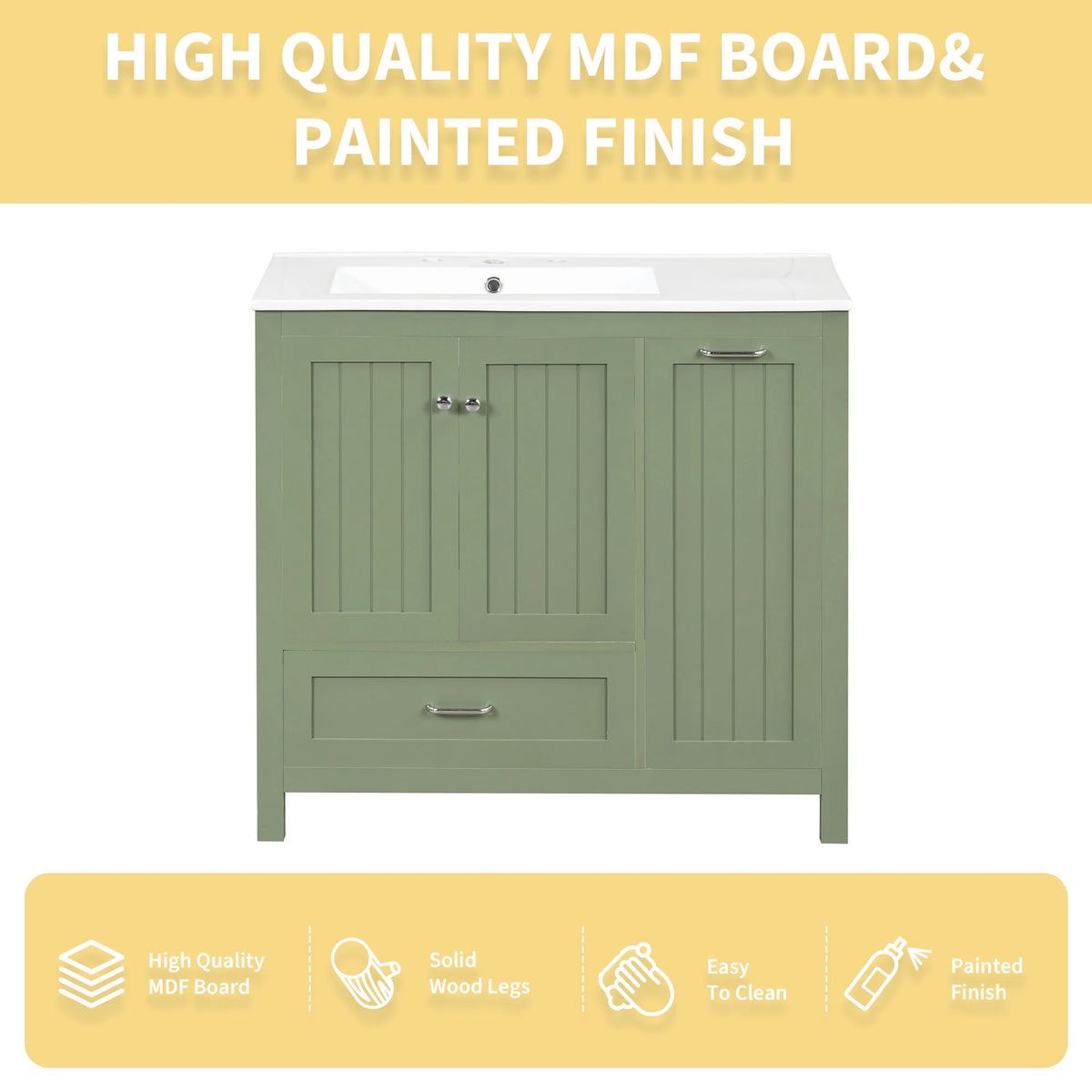 Meuble-lavabo de salle de bains Harper & Bright Designs 30 avec lavabo, armoire de salle de bains avec plateau en céramique, portes et tiroir de rangement multifonctionnels, vert
