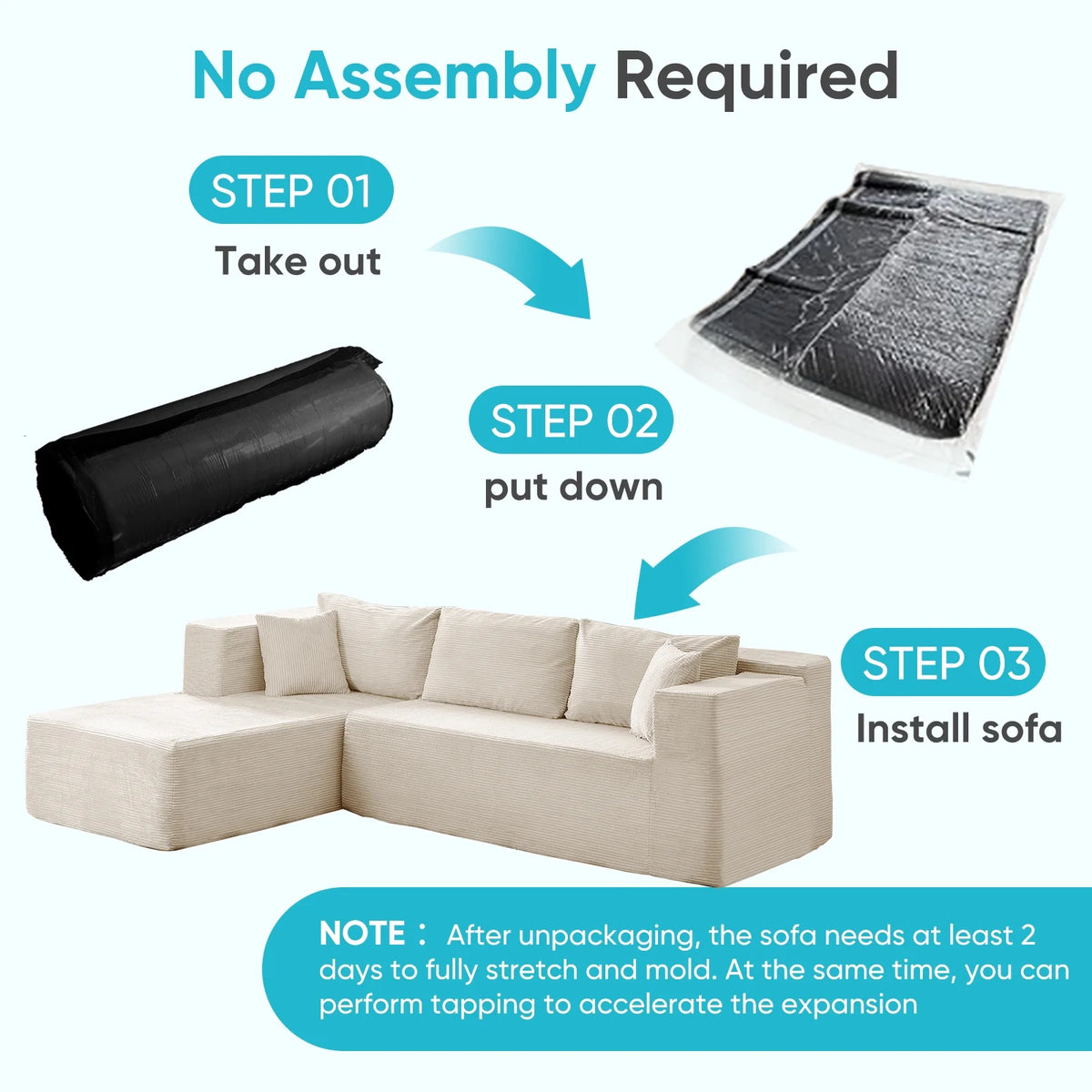 Canapé d’angle ZAFLY 106 Cloud avec méridienne, sans assemblage, canapé-lit en L, canapé modulable surdimensionné à assise profonde pour salon – droite, noir