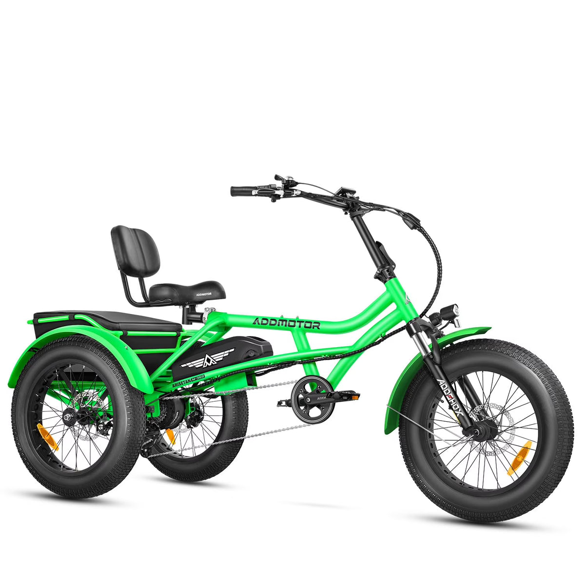 Tricycle électrique semi-allongé Addmotor M-360II, 85 mi, vélo électrique à 3 roues avec pneus larges pour adultes, tricycle électrique 750 W 48 V 20 Ah pour seniors, 20 pouces, avec différentiel de vitesse, vert