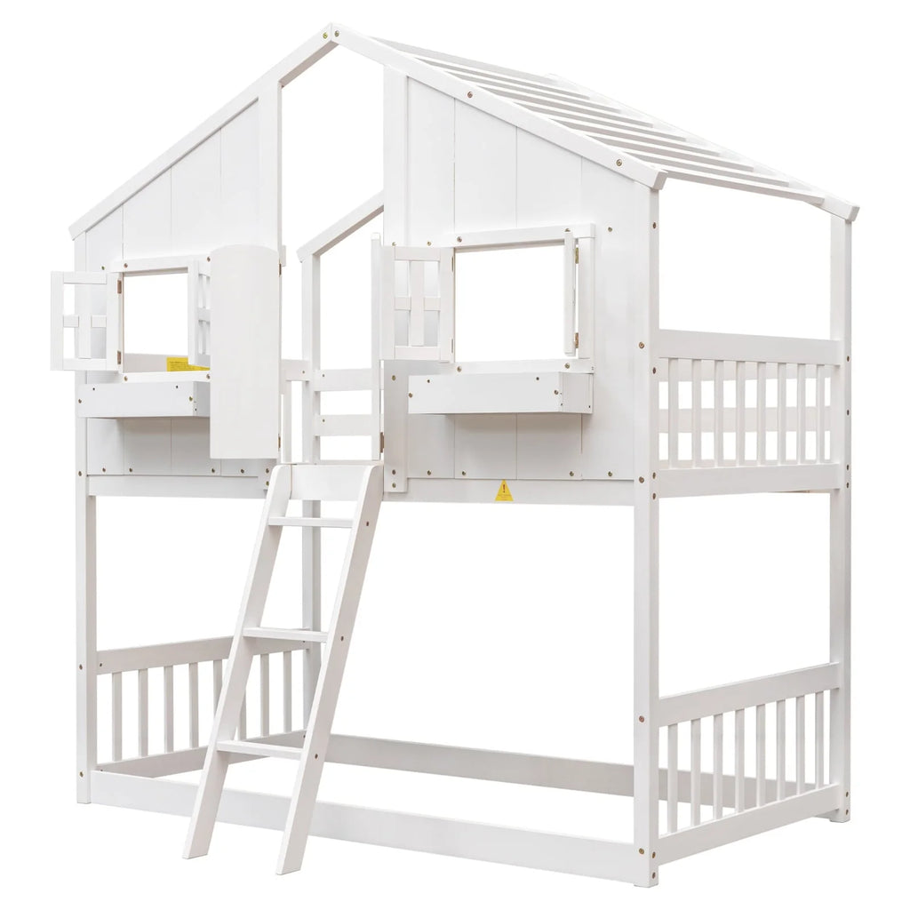 Lit superposé maison simple sur simple avec toit/fenêtre/niche de fenêtre/porte, cadre de lit superposé en bois avec plancher, barrières de sécurité et échelle pour enfants garçons et filles, blanc