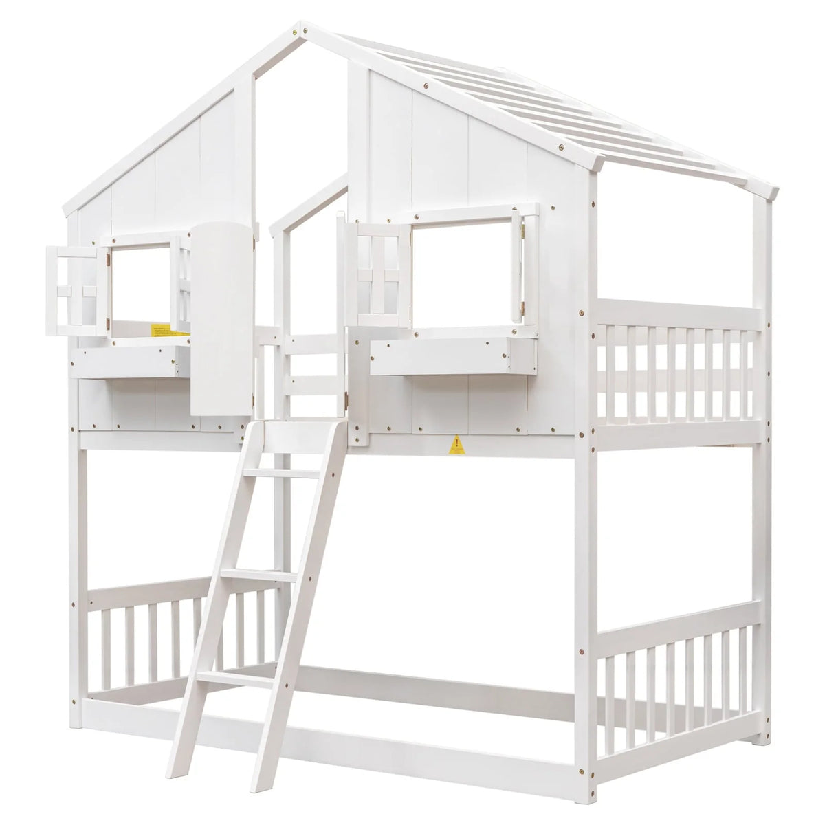 Lit superposé maison simple sur simple avec toit/fenêtre/niche de fenêtre/porte, cadre de lit superposé en bois avec plancher, barrières de sécurité et échelle pour enfants garçons et filles, blanc