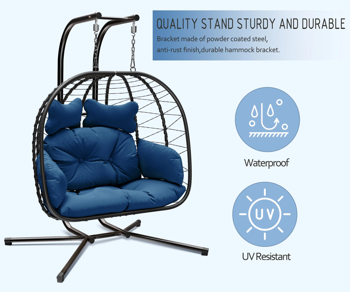 Bifanuo Fauteuil œuf balancelle double en osier, canapé suspendu pliant avec support, coussins amovibles résistants aux UV, capacité de 700 lb pour chambre, balcon (noir et beige)