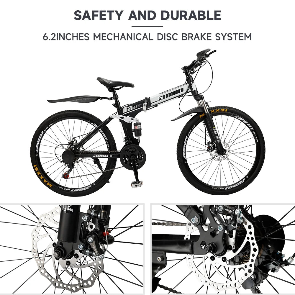 VTT pliant Artudatech 26 pouces Shimano 21 vitesses double frein à disque - Adulte - Rouge