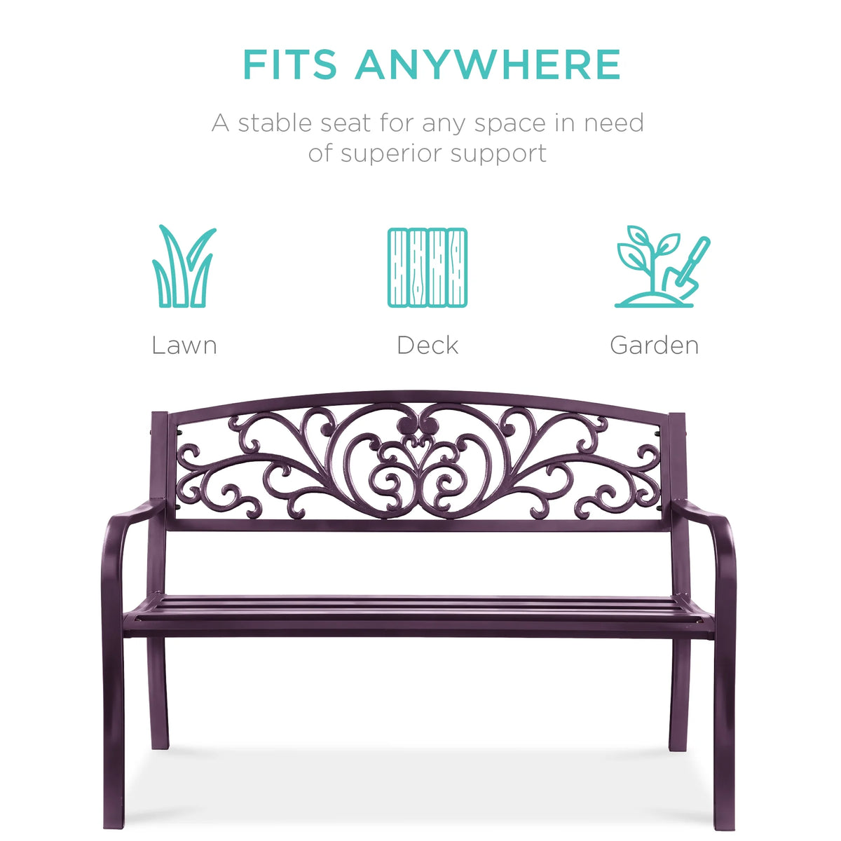 Best Choice Products Banc en Acier d'Extérieur Jardin Patio Porche Meuble avec Dossier à Motif Floral - Noir