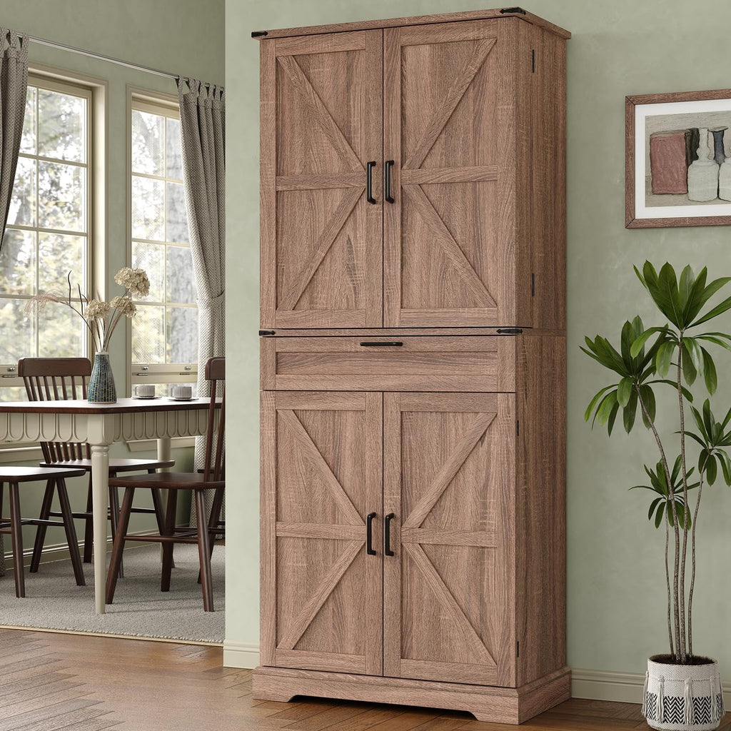 FUSOU Armoire de rangement de cuisine 72'', Armoire haute avec 8 étagères de porte, 2 placards et 1 tiroir, Meuble autoportant pour cuisine, salle à manger, salle de bain, buanderie