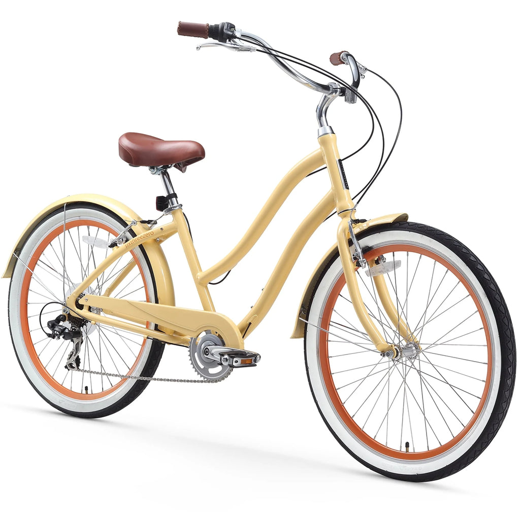 sixthreezero Every journey Vélo hybride de ville à cadre ouvert 7 vitesses pour femme, roues de 26 po et cadre de 17,5 po, crème