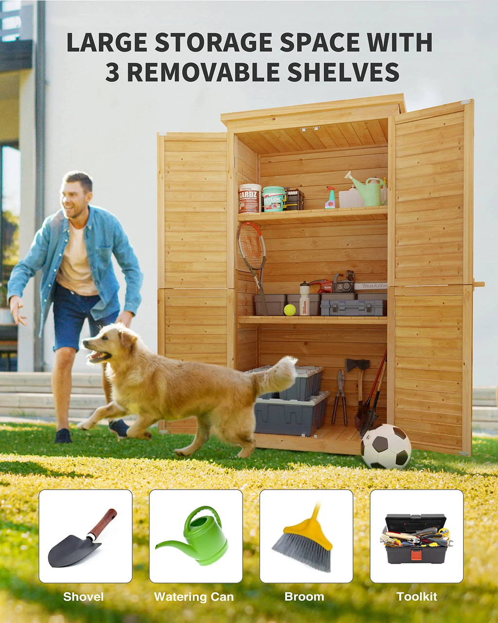 Abri de rangement extérieur large Aiho 55 avec portes doubles verrouillables - Abri de jardin résistant aux intempéries pour terrasse, jardin et pelouse, gris