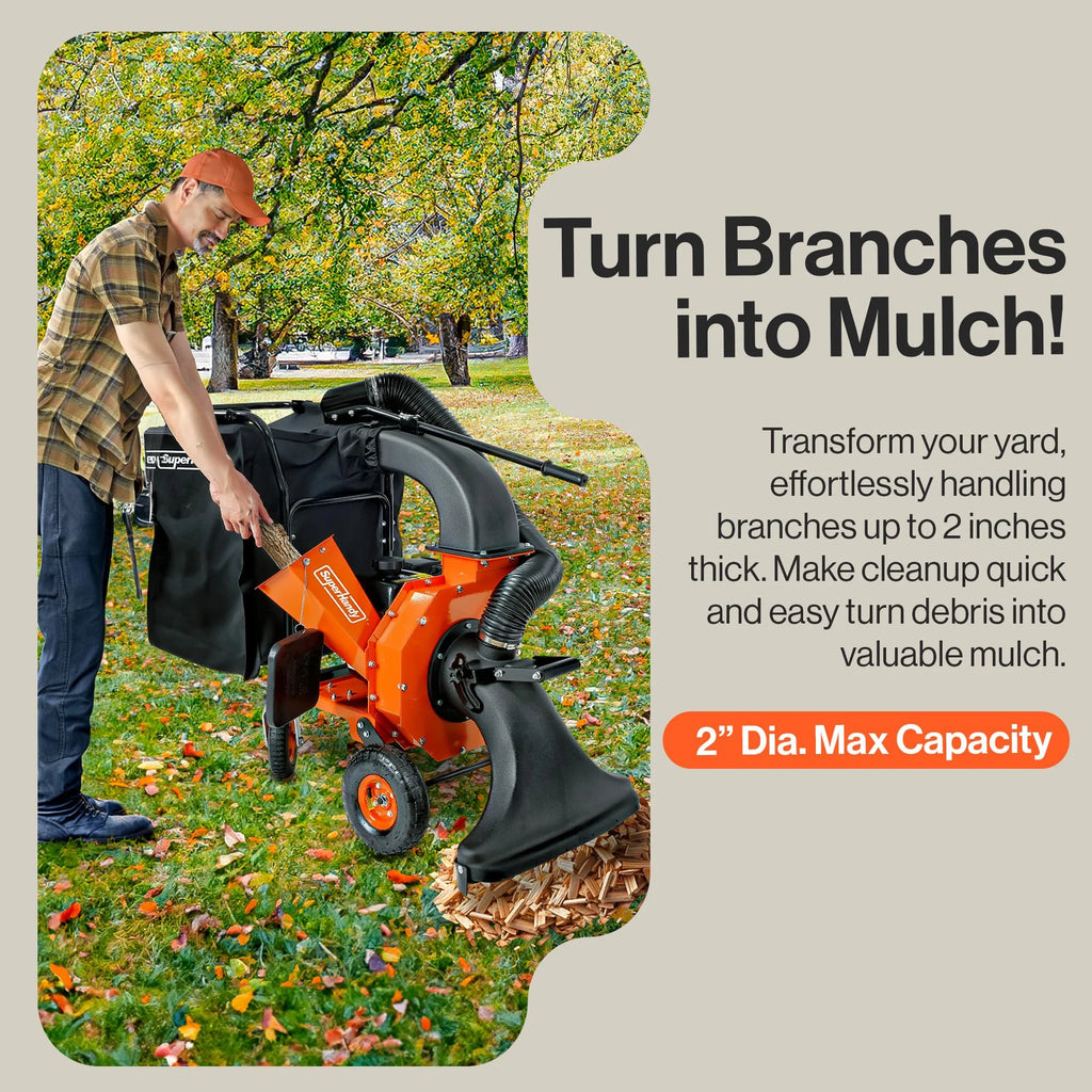 Aspirateur à feuilles et broyeur de bois SuperHandy - Moteur essence 7 CV 209 cm³, Ratio de broyage 10:1, Capacité du sac 6 boisseaux, Roues pivotantes, Double fonction : Aspirateur-broyeur à feuilles autotracté et broyeur de bois