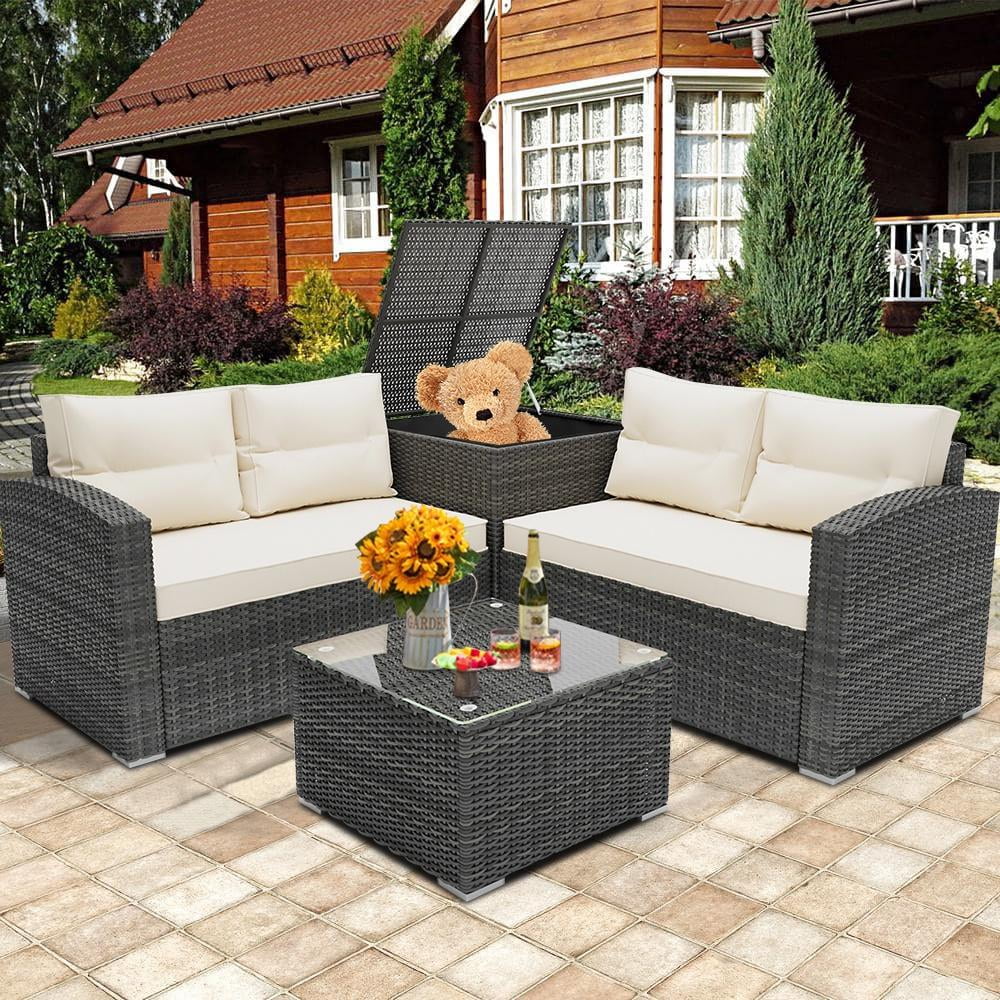 Ensemble de canapés de jardin en rotin, 4 pièces, salon d’angle d’extérieur en résine tressée PE résistante aux intempéries, ensemble de conversation avec coussins et table en verre pour terrasse, jardin, bord de piscine ou deck