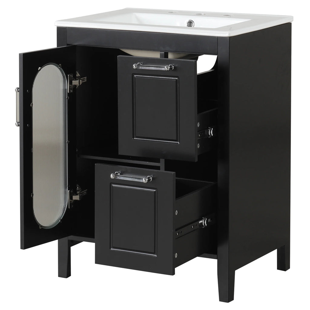 Meuble-lavabo Soges 24 avec vasque en céramique, meuble de toilette en bois massif avec porte, étagère réglable et 2 tiroirs, ensemble lavabo simple autoportant pour petite salle de bains, blanc