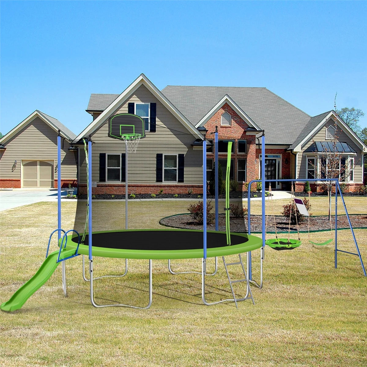 Trampoline de 12 pieds pour enfants et adultes, trampoline de loisir avec toboggan, balançoire, panier de basket et filet de protection, capacité de 600 lb pour 4 à 5 enfants