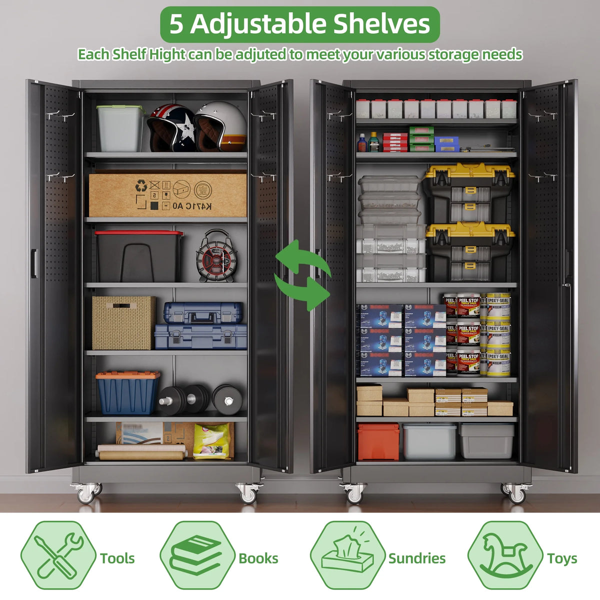 SUPEER Armoires de rangement métalliques à roulettes avec portes verrouillables et 5 étagères réglables, Armoire de rangement en acier pour garage, bureau, salle de classe, Assemblage requis(Noir)