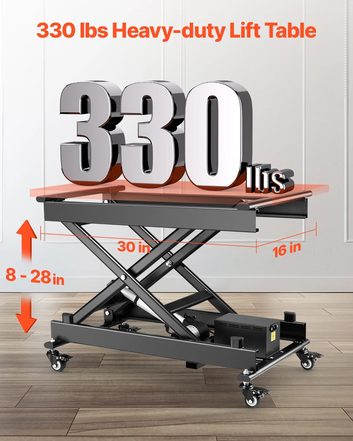 Table élévatrice électrique VEVOR, table élévatrice à ciseaux simple d’une capacité de 150 kg, plateforme de levage réglable en hauteur de 20 à 71 cm, table basse élévatrice avec 4 roulettes, pour la manutention et le transport de matériaux, noire