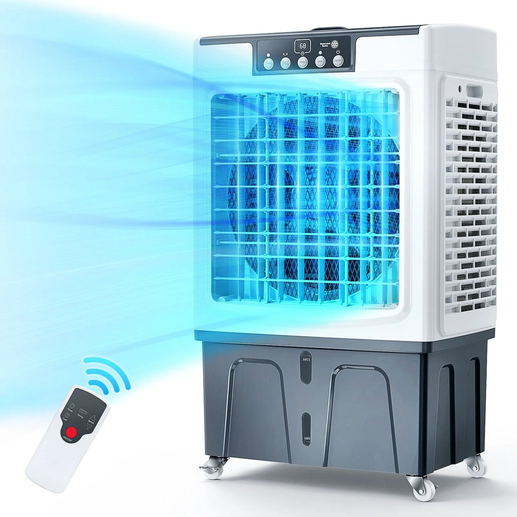 Rafraîchisseur d'air évaporatif, 2100 CFM, oscillation 120°, avec télécommande, minuterie 24 h, 3 vitesses de ventilation, pour intérieur et extérieur, 7,9 gallons