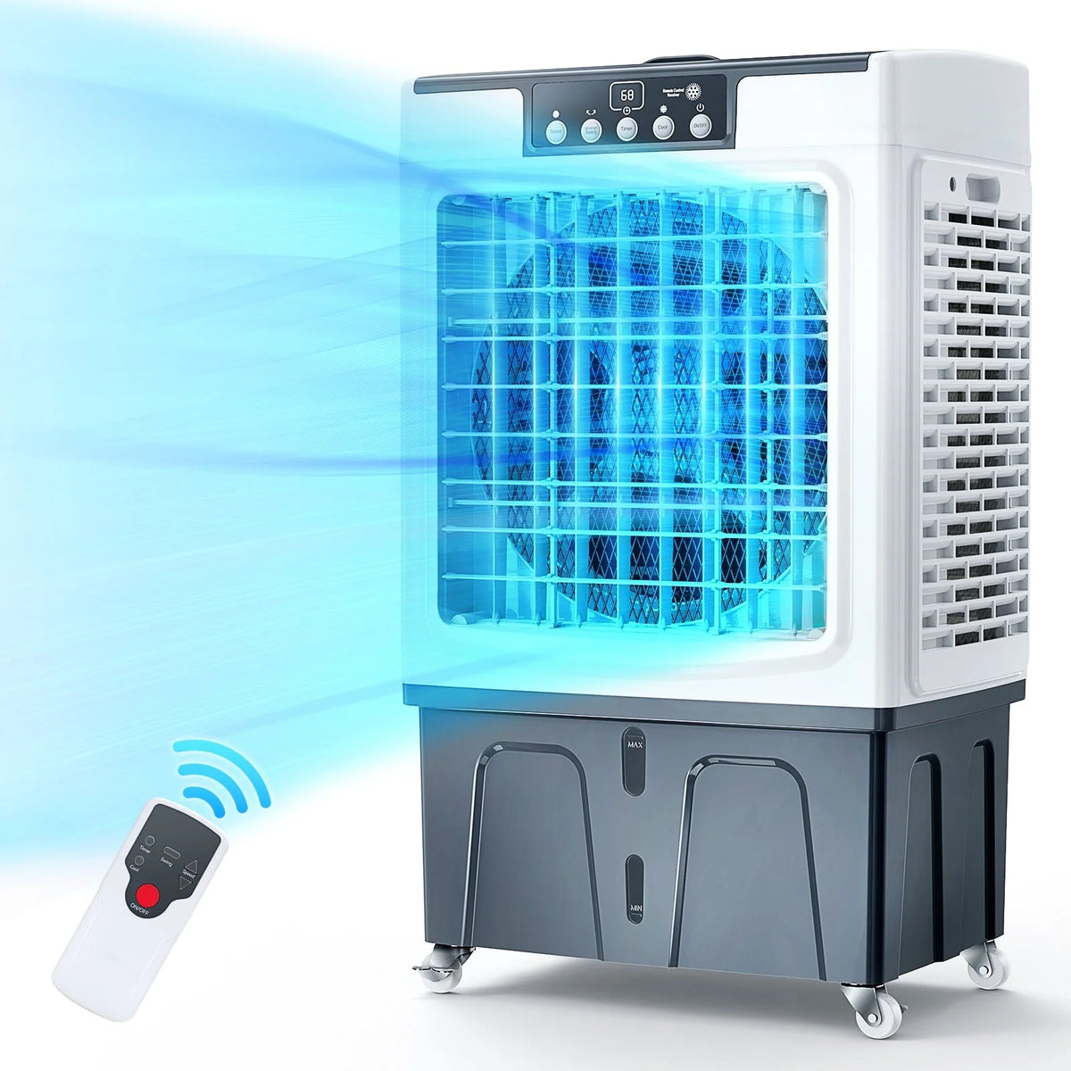 Rafraîchisseur d'air évaporatif, 2100 CFM, oscillation 120°, avec télécommande, minuterie 24 h, 3 vitesses de ventilation, pour intérieur et extérieur, 7,9 gallons