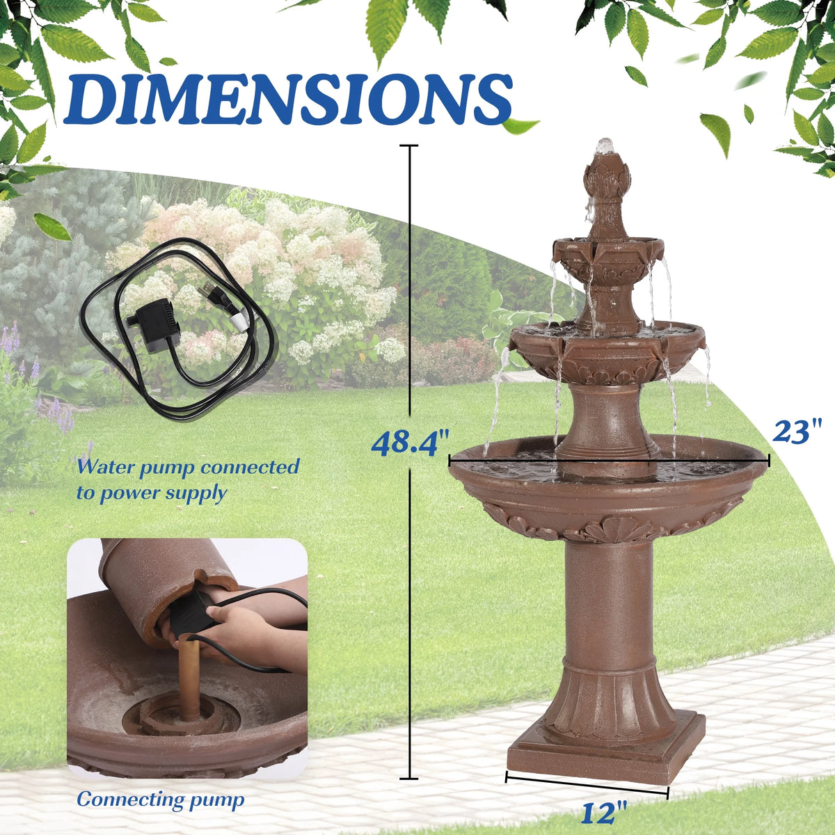 MAGIC UNION Fontaine d’eau de jardin d’extérieur, fontaines et cascades italiennes de 48,4 po de haut, grande fontaine d’intérieur à trois niveaux avec cascade et bulleur, avec pompe, pour la décoration de la maison et de la cour