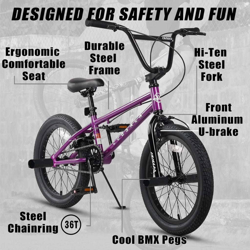 cubsala 20 Vélo BMX Freestyle pour enfants de 6 à 14 ans, garçons et filles, avec 4 cales, noir avec pneus rouges