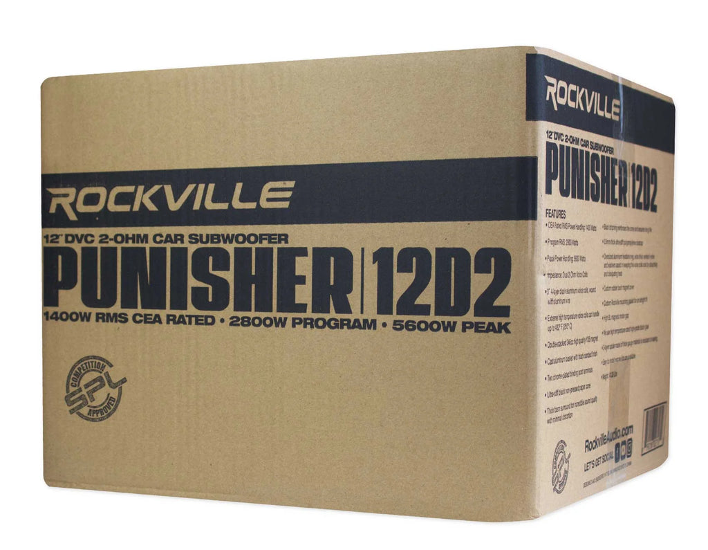 Caisson de basses pour voiture Rockville Punisher 12D2 12 5600w Peak Double sub 2-Ohm 1400w RMS Certifié CEA