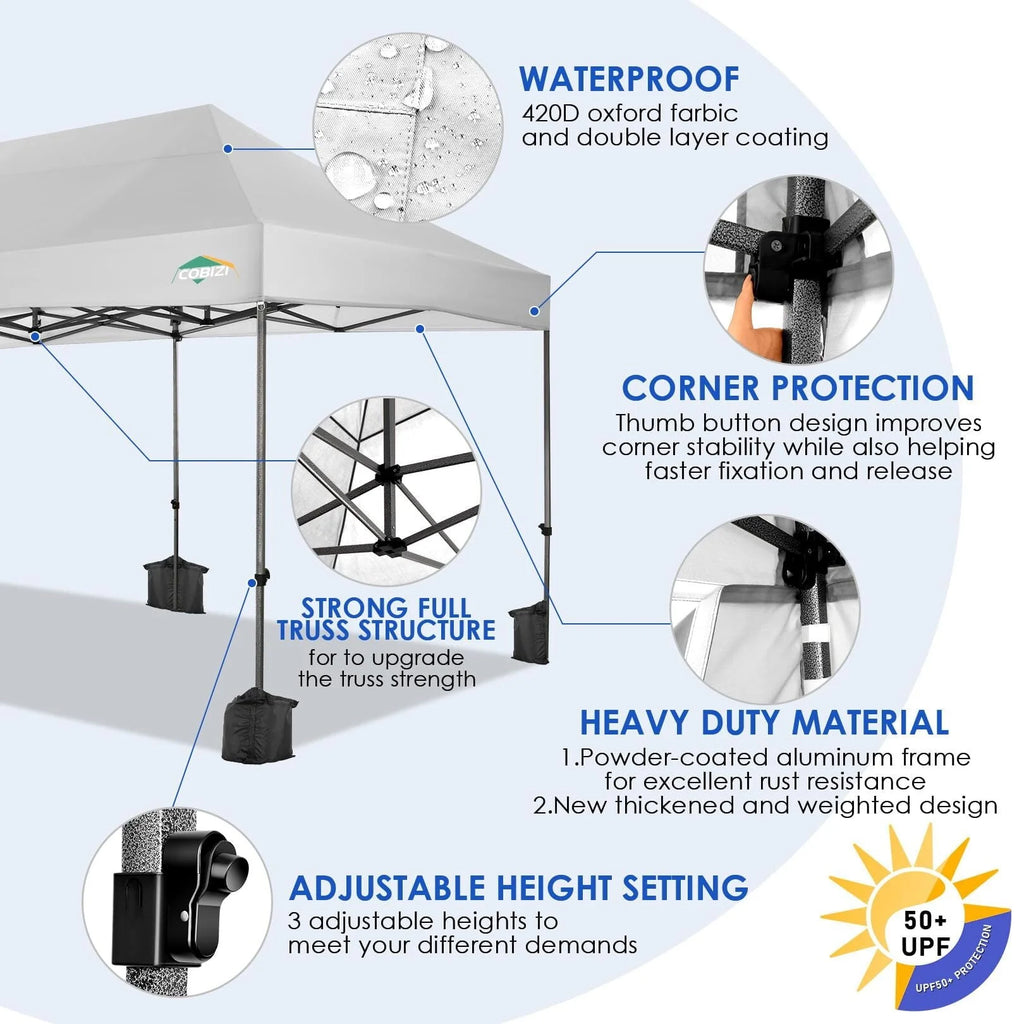 COBIZI 10'x20' Chapiteau Tente Pop-up Facile Anti-UV Imperméable Tente d'extérieur Abri instantané pour fêtes et mariages Tente-pavillon toutes saisons avec 6 parois latérales amovibles, 4 sacs de sable, sac de transport à roulettes, Blanc