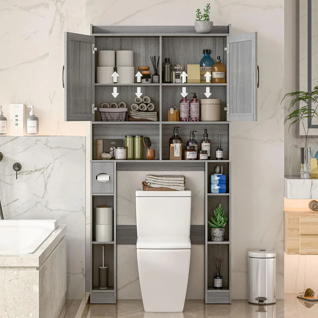 Meuble de rangement Vabches au-dessus des toilettes avec porte-papier toilette, avec étagère réglable et 2 portes