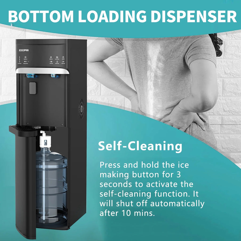 SOOPYK Distributeur d’eau chaude et froide 3-en-1 avec machine à glaçons à chargement inférieur pour bonbonne de 3 ou 5 gallons, capacité quotidienne de 22 lb, glaçons en forme de balle, noir