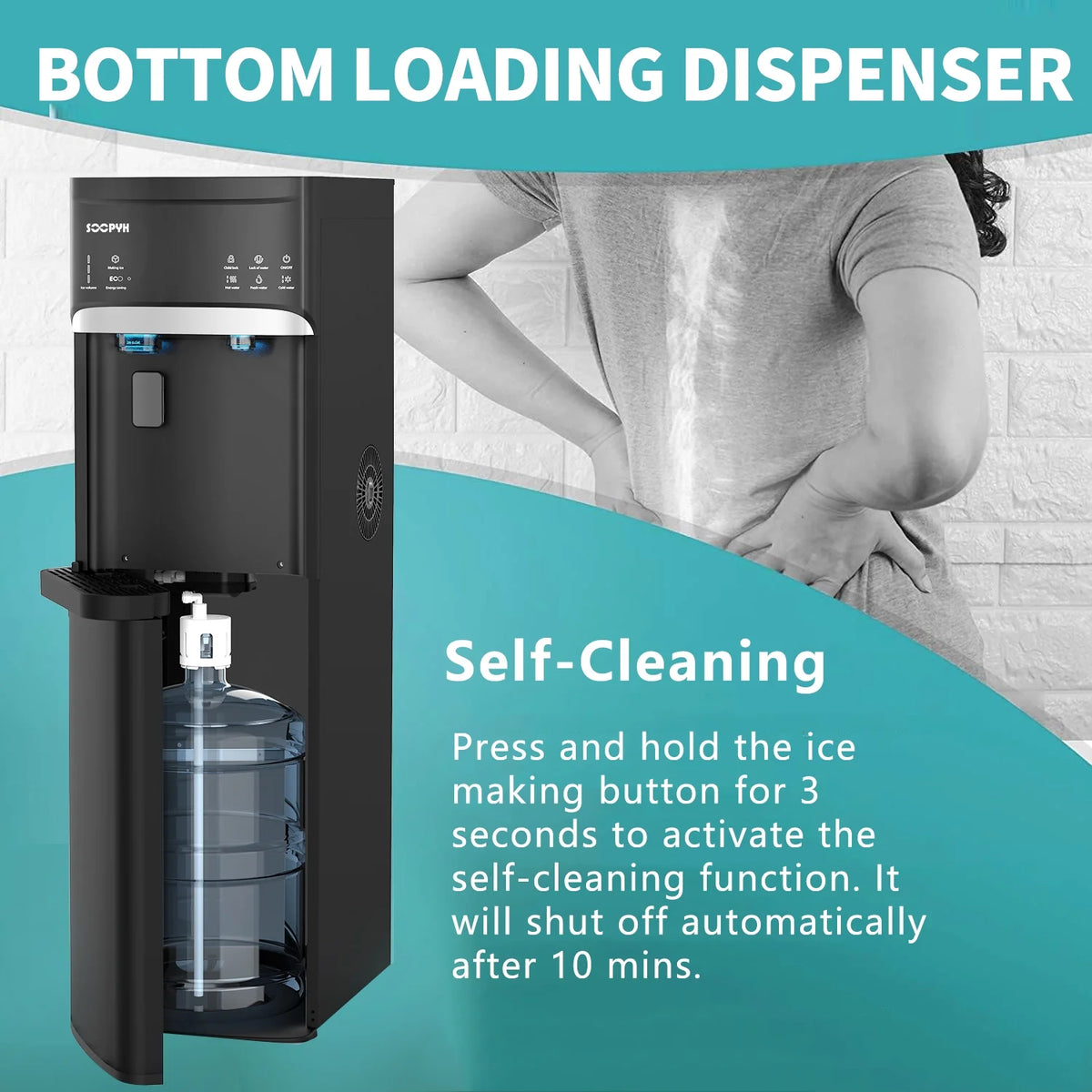 SOOPYK Distributeur d’eau chaude et froide 3-en-1 avec machine à glaçons à chargement inférieur pour bonbonne de 3 ou 5 gallons, capacité quotidienne de 22 lb, glaçons en forme de balle, noir