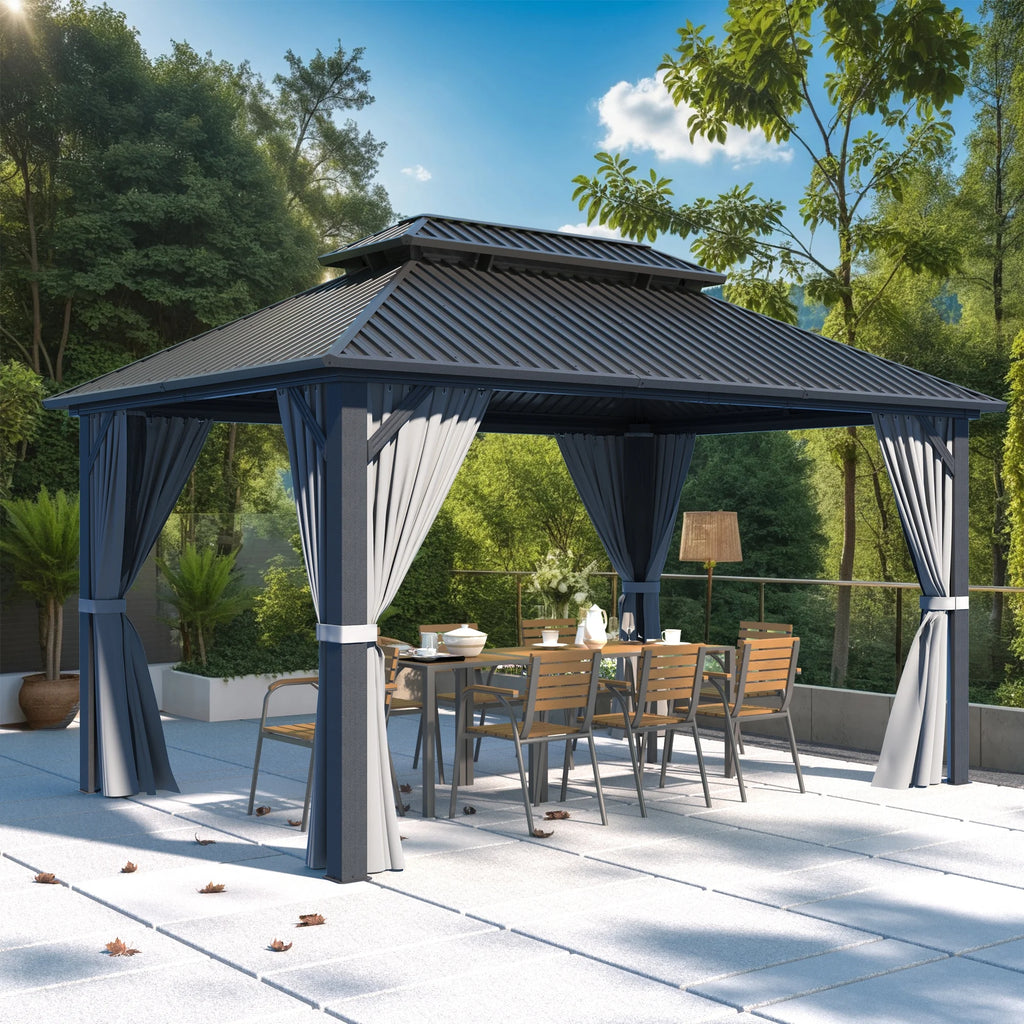 MUCHANT 10'x12' Gazebo à toit rigide avec structure en aluminium, Pavillon d'extérieur permanent Gazebo en métal avec double toit en acier galvanisé, Moustiquaire et Rideaux pour terrasses, jardins, pelouses, Gris