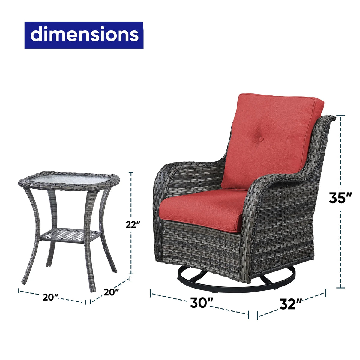 POCASSY Salon de Jardin 3 Pièces en Rotin Tressé Fauteuils Berçants et Pivotants avec Coussins