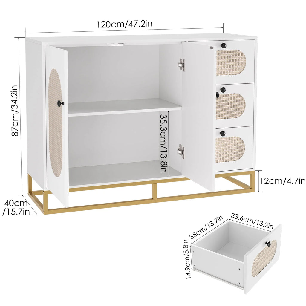 Meuble de rangement d'appoint Homfa à 3 tiroirs, buffet doré de 34,2 H avec portes en rotin pour salon, blanc