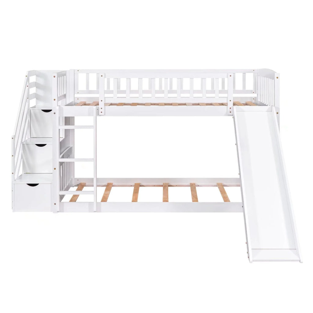 Lits superposés avec escalier, lits jumeaux, cadre de lit superposé en bois avec toboggan pour enfants et escalier de rangement, cadre de lit de rangement 2-en-1 avec échelle et barrières de sécurité pour chambre de garçons et de filles, blanc
