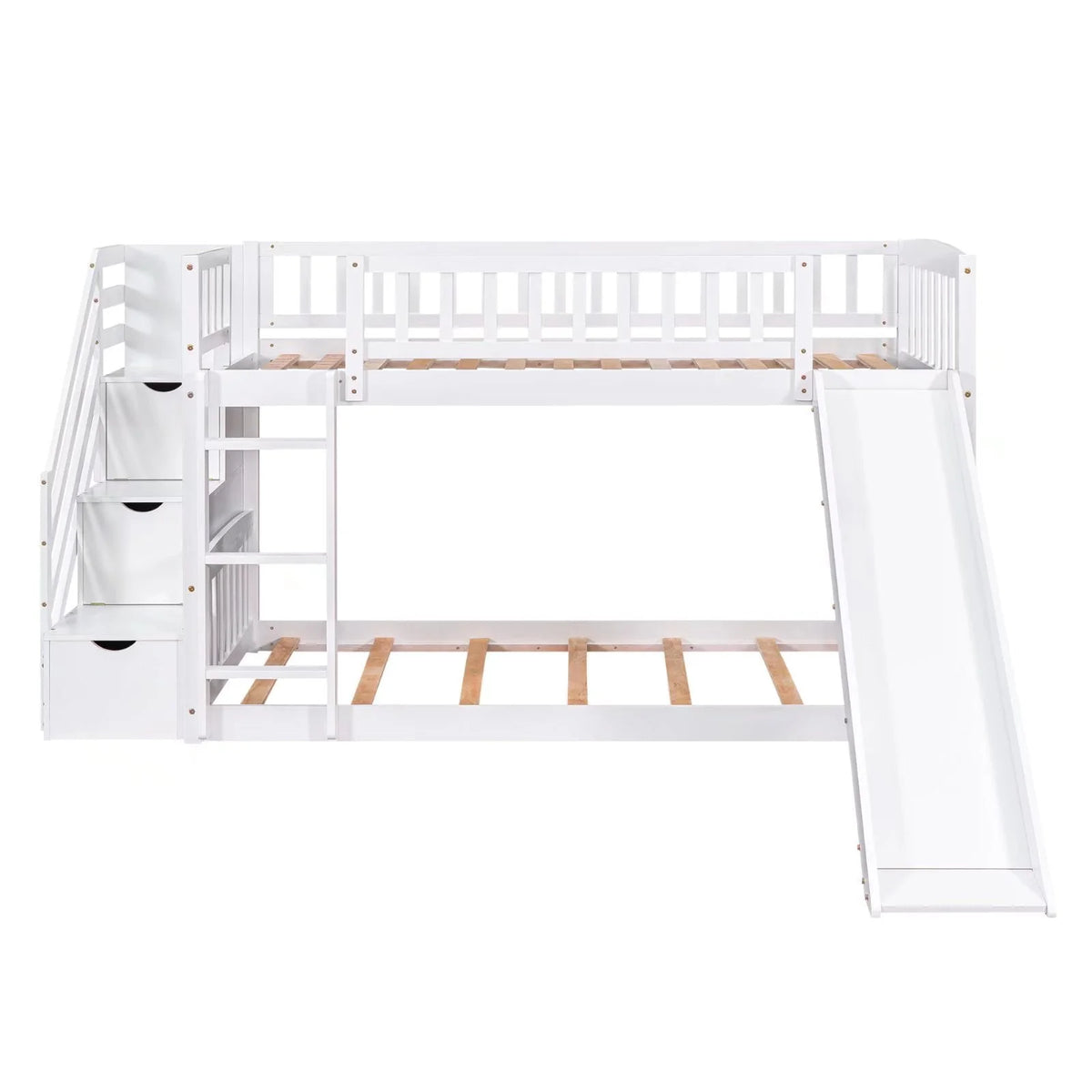 Lits superposés avec escalier, lits jumeaux, cadre de lit superposé en bois avec toboggan pour enfants et escalier de rangement, cadre de lit de rangement 2-en-1 avec échelle et barrières de sécurité pour chambre de garçons et de filles, blanc