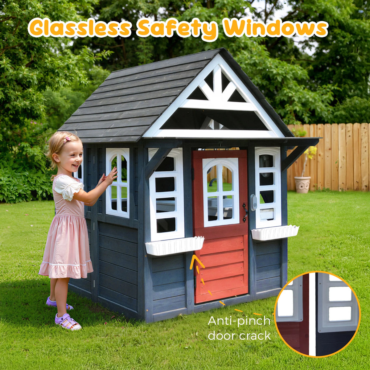 COCLUB Maison de jeu d’extérieur pour enfants de 4 à 8 ans, maison en bois avec sonnette, téléphone et jouets de cuisine, équipement de jeu extérieur pour enfants, maison pour filles (45L x 65H), blanc et noir