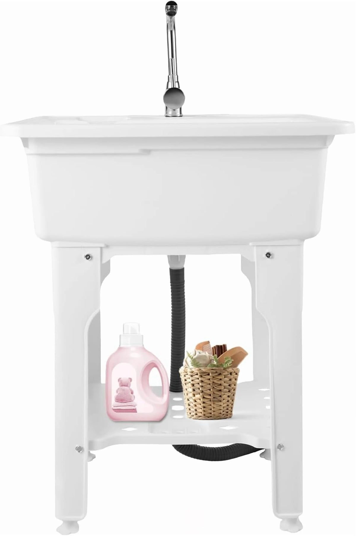 Évier utilitaire sur pied, cuve de buanderie extra-profonde, évier utilitaire en plastique sur pied pour sous-sol, buanderie, garage ou atelier (Blanc)